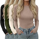 Sweetyweee 4 Pack Women's Ribbed Long Sleeve Shirts with Thumb Holes Cotton Crewneck Slim Fit Tops Knit Casual Basic T-Shirts