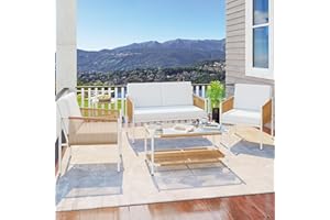 JAMFLY 5 Piece Patio Wicker Furniture Set, Outdoor Patio Furniture Rattan Conversation Set, All Weather Conversation Set for Backyard, Balcony, Deck with Soft Cushions and Glass Table