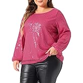 Agnes Orinda Plus Size Sequin Top for Women Long Sleeve Glitter Concert Party Disco Sparkly Shirt Blouse