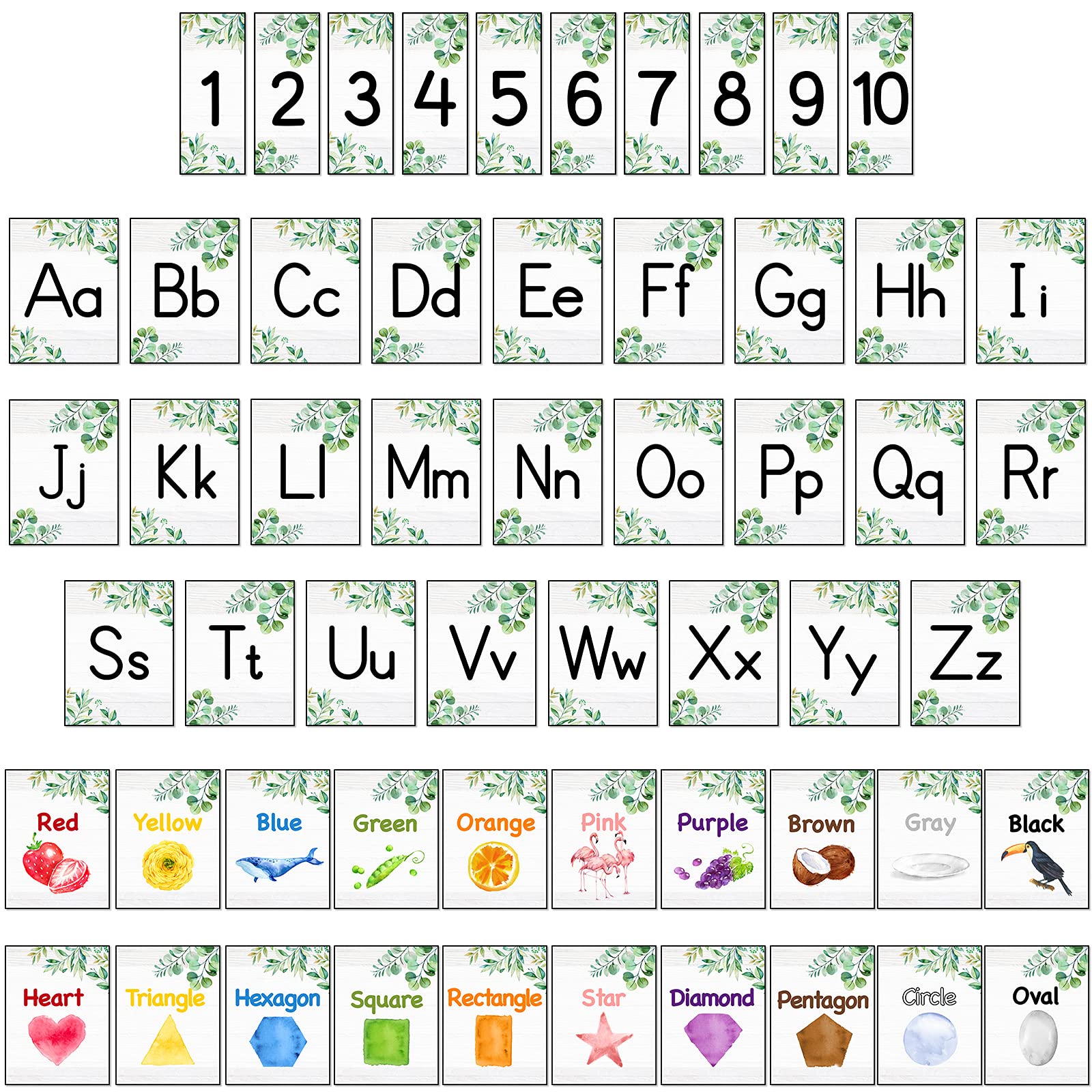 Photo 1 of 56 Pieces Alphabet and Number Bulletin Board Set Manuscript Bulletin Board Cards Educational Preschool Cards Eucalyptus Colors Shapes Early Childhood Education Posters for Kids Classroom Decoration