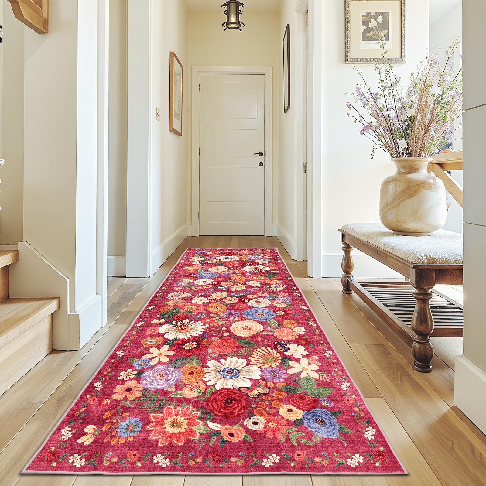 Rug for Hallways Kitchen Rug 3x7, Non Slip Washable Rugs with Rubber Backing Soft Floral Carpet Runner for Hallways, Kitchen, Laundry, Bedroom, Bathroom(3 x 7, Red Garden) Image