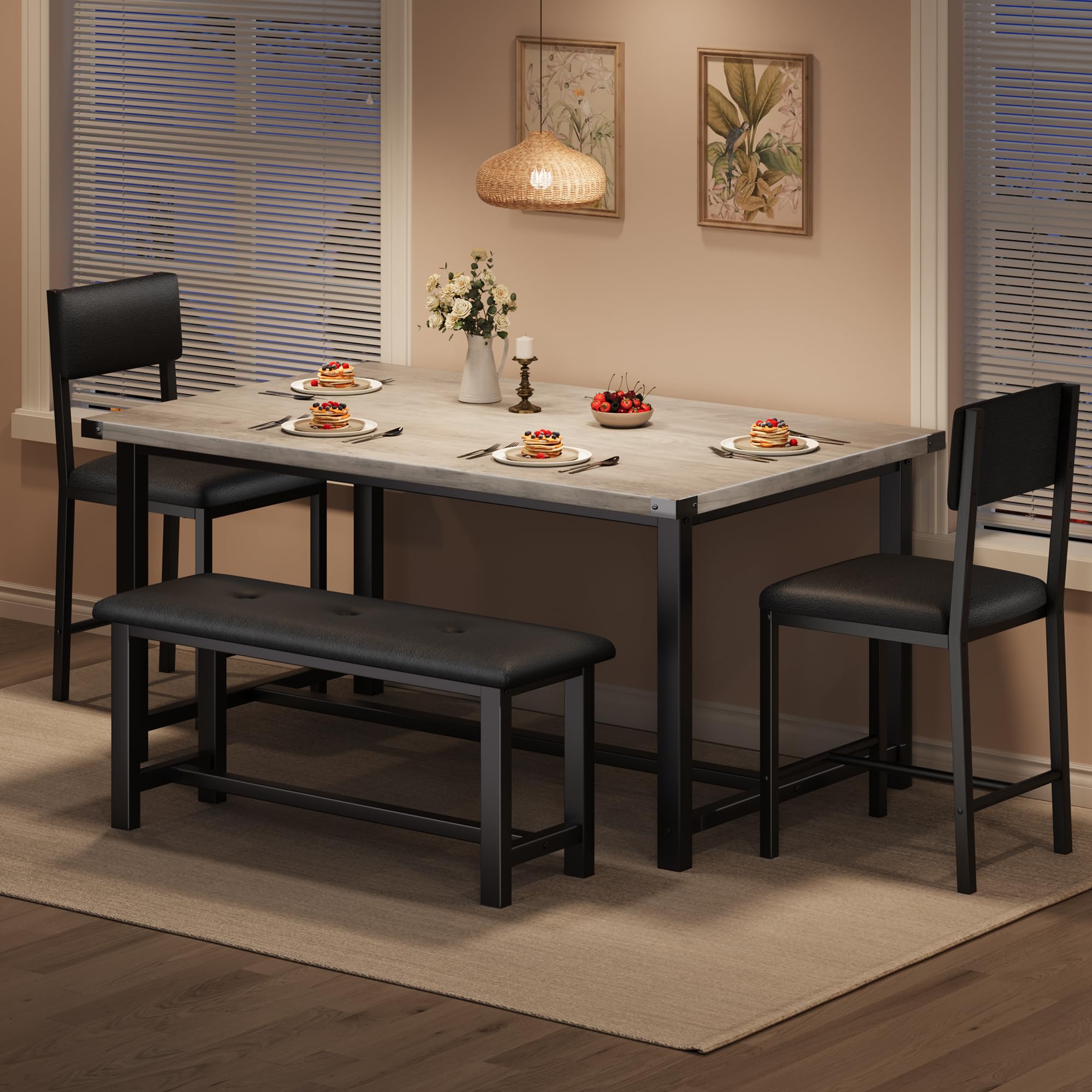 Photo 1 of IDEALHOUSE Dining Table Set for 4, Kitchen Table and 2 Upholstered Chairs with Bench, Wooden Rectangular Dining Room Set, for Small Space, Apartment, Home, Easy Assembly, Rustic Gray