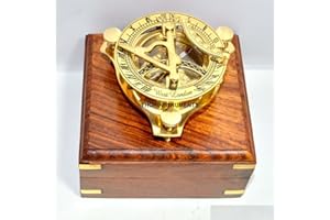 THOR INSTRUMENTS Antique Brass Sundial Compass WEST London Nautical Item with Wood Box Free Rustic Vintage Home Decor Gifts 8 Cm