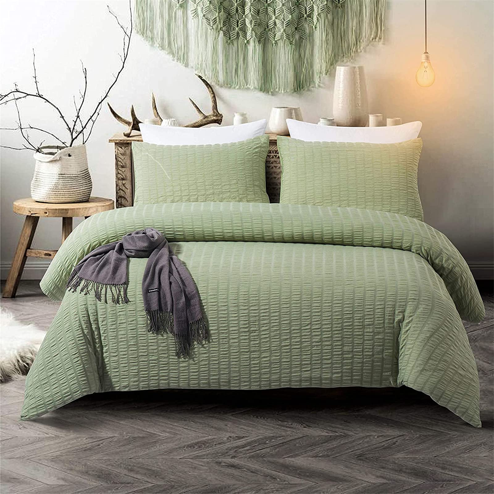 Green Classic Seersucker Bedding Set- Puckering Duvet Cover with 2 Pillowcases, Zipper Closure for Teens Adults Double Size 200×200cm