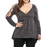 Nihsatin Plus Size Hollow Out T-Shirt for Women Sexy V-Neck Cutout Long Sleeve Curve Top