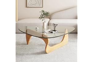 PRITIY Triangle Coffee Table in Walnut Mid Century Modern Solid Wood Base and Triangle Clear Glass Coffee Table for Living Room Low Minimalist Tea Table Coffee Tables (36 * 25.6 * 16, Log Transparent)
