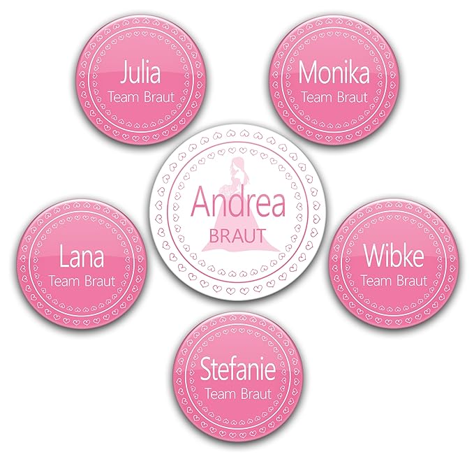 Junggesellinnenabschied Deko 6er Set Rosa Jga Buttons 9 1 Braut Anstecker 5 Pins Team Braut Jeweils Mit Name Individualisiert - 