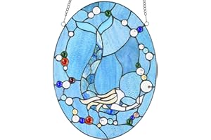 Bieye W10064 Mermaid Tiffany Style Stained Glass Window Panel with Chain, Oval Shape, 13”W x 18" H