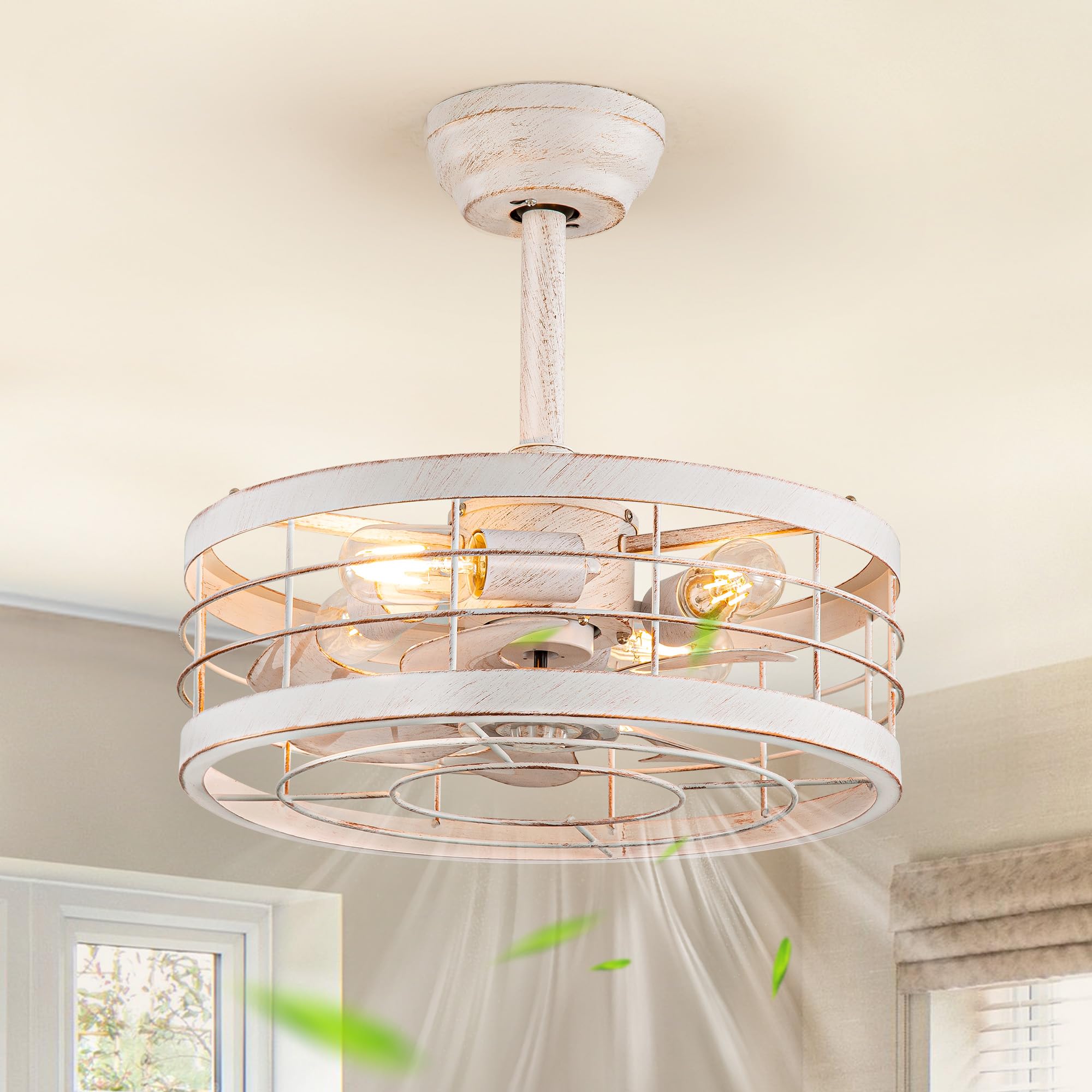 Photo 1 of LEDIARY 16.5in Caged Ceiling Fan with Light, Fandelier Industrial Ceiling Fan with Remote, Rustic Metal Fan Lights Ceiling Fixtures for Kitchen, Farmhouse, Bedroom?6 Speed, Timing?-White and Gold