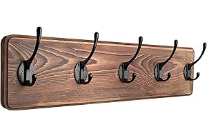 SAYONEYES Rustic Coat Rack Wall Mount, 16” Hole to Hole Solid Pine Brown Wood Wall Rack, Coat Hanger Wall Mounted with 5 Heav