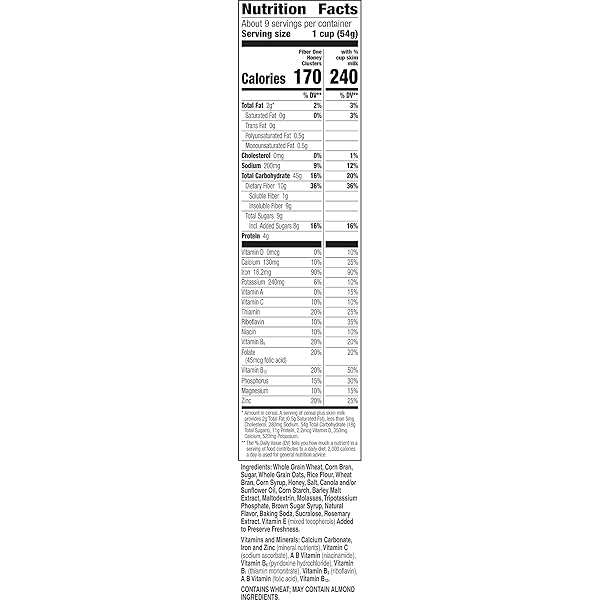 FIBER ONE HONEY CLUSTERS BREAKFAST CEREAL, FIBER CEREAL MADE WITH WHOLE GRAIN, 17.5 OZ