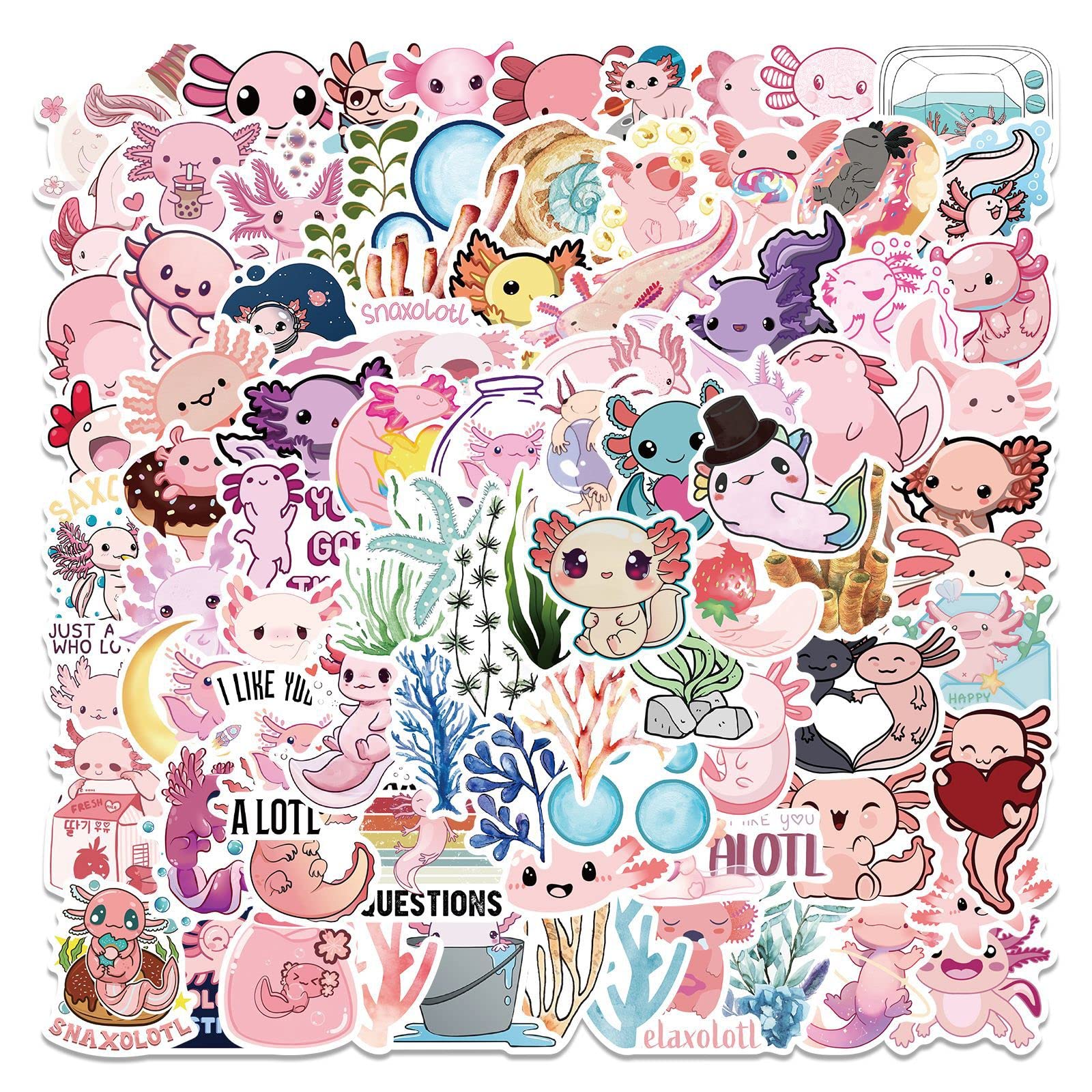 LYunMu Cute Axolotl Stickers Gift for Kids Girls Teens,Cute Cartoon Animal Party Decoration,Water Bottle,Laptop,Phone,Skateboard,Luggage,100 Pcs Sticker Pack