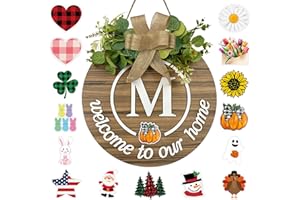 YUNKKIN Interchangeable Seasonal Monogram Letter M Welcome Sign Front Door Decor Wooden Wreaths for Front Door Wreath Rustic Initial House Warming Porch Wall Home Decorations for All Seasons