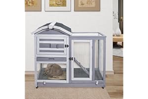 GEGURI Rabbit Hutch Indoor Outdoor, Bunny Cages Wooden Pet House for Guinea Pig with Wheels, Removable Tray, Ramp