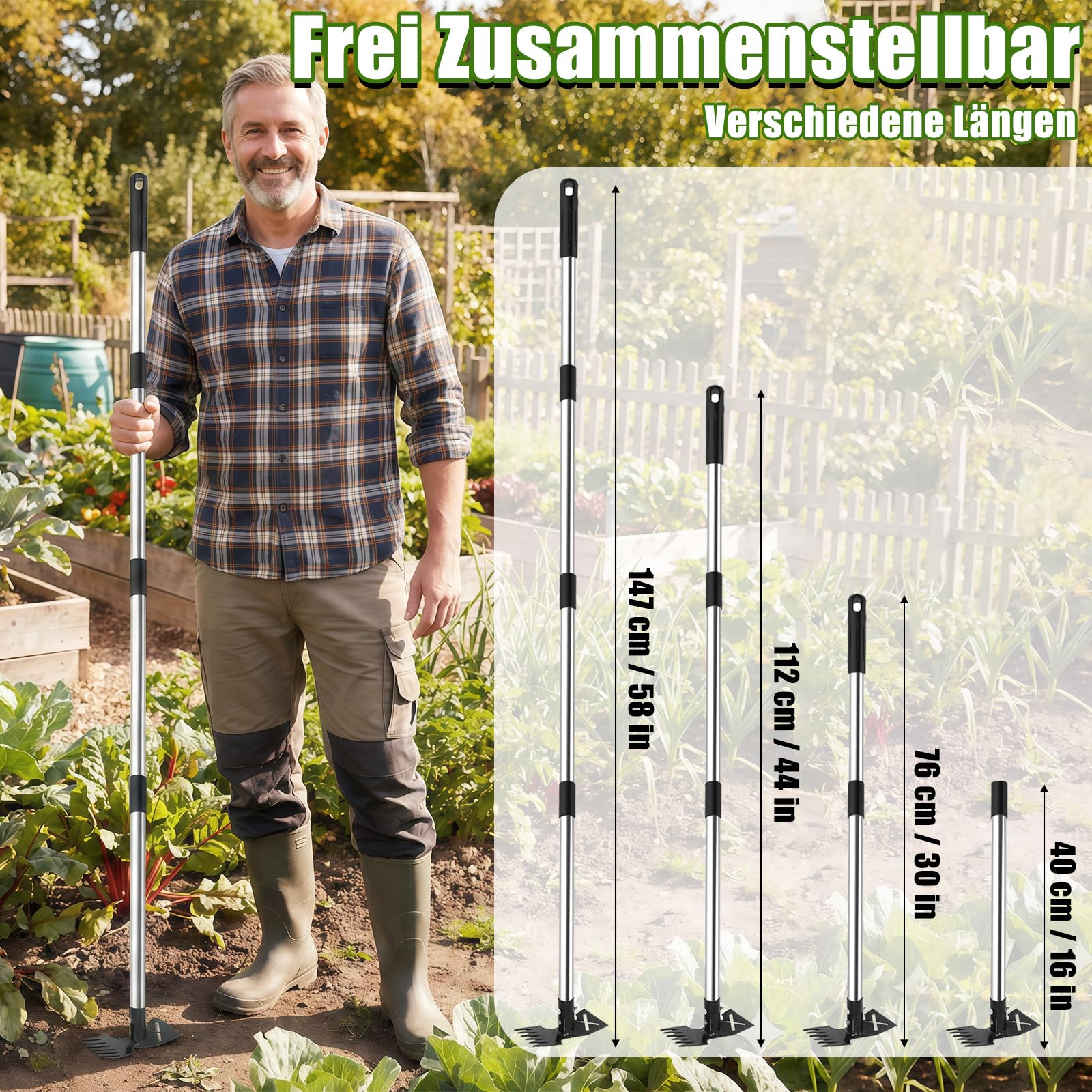 YL Unkrautstecher mit Länge Stiel 1.47 m, 2 in 1 Manuell Gartenhacke 6 Zinken & Flachhacke, Unkrautjäter, Effizientes Unkrautentferner für Hof, Rasen, Terrasse und Garten 6
