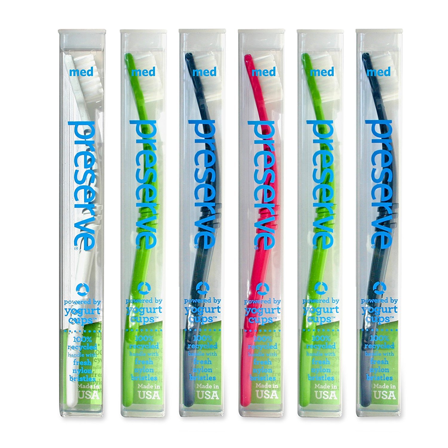 Preserve Toothbrushes with Travel Case, Medium Bristles, (Pack of 6) (Colors Vary)