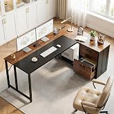 AODK 61" L Shaped Office Desk, Wood Drawers &amp; Lockable File Cabinet, Walnut | Reversible, 21.7" Deep Desktop, 3 Outlets &amp; 2 USB Ports, Engineered Wood &amp; Steel Frame, Legal Storage