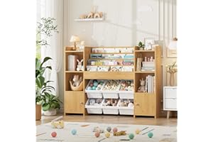 FINETONES Toy Storage Organizer with 6 Toy Bins, Toy Organizer Kids Bookshelf with 6 Cubbies, Toy Organizers and Storage Bins Playroom Storage for Kids Room, Natural