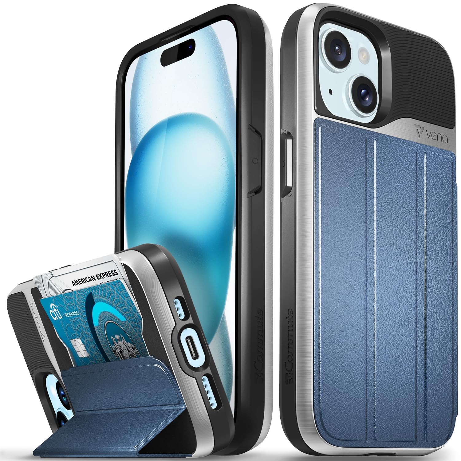 VENA vCommute for iPhone 15 Wallet Case, [Military Grade Drop Protection] Flip Leather Cover Slot Card Holder with Kickstand - Blue