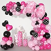 Ouddy Party Pink Mouse Balloon Garland Arch Kit for Cartoon Mouse Theme Birthday Party Decorations Girl Kids, Pink Black Rose Red Bow Foil Balloons Banners for Mouse Baby Shower Party Supplies