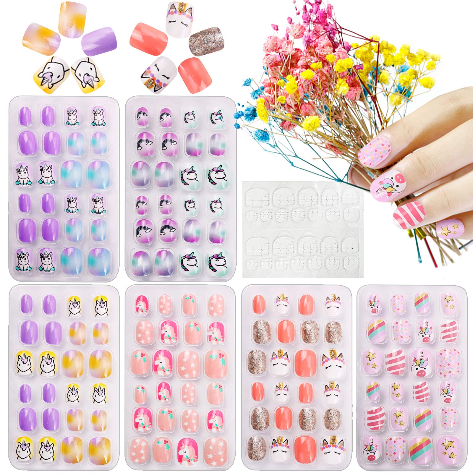 Kalolary 144 PCS Kids False Nail, Children Nails Press on Pre-glue Full Cover Cute Pattern Short False Nail Kits with 1 Sheets Nail Glue Sticker, Lovely Gift for Kids Little Girls (6 Pack)