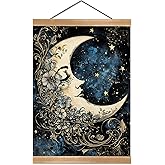 ZTGDA Moon Wall Art Decor– Vintage Hanging Wall Painting Abstract Poster with Solid Wood Frame, Boho Wall Decor,Mystical Celestial Floral Poster for Bedroom, Office(Moon)