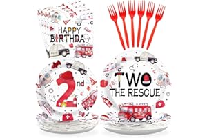 Grencian 96Pcs Two the Rescue Birthday Decorations Emergency Vehicle Theme Plates and Napkins Fire Truck Tableware Ambulance Dinnerware for Kid Emergency Vehicle 2 Years Old Birthday Party Decorations