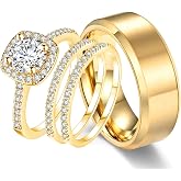 CEJUG 18k Yellow Gold Wedding Ring Sets for Him and Her Women Men Titanium Stainless Steel Bands 2Ct Cz Couple Rings