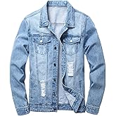 LAMKUKU Mens Denim Jacket Ripped Slim Jean Jacket Coat for Men