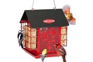 Kingsyard Bird Feeder for Outdoor Hanging, All Metal, Wild Bird Feeder with Double Suet Cages, Seeds Tray & Rainproof Roof, 3