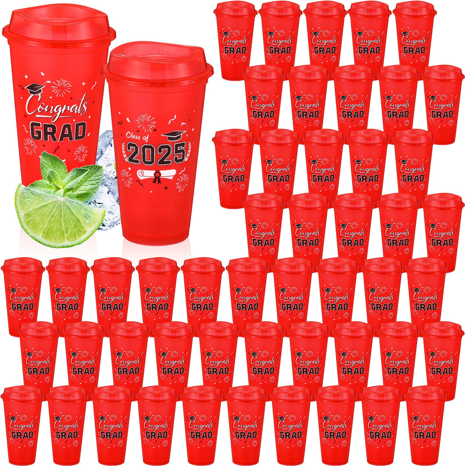 Photo 1 of Skylety 50 Pcs Graduation Cups 2025, 16 oz Reusable Coffee Plastic Cups with Lids Graduation Party Cups for Grad Party Supplies Decorations Graduation Gift for Students Friends Classmates(Red)