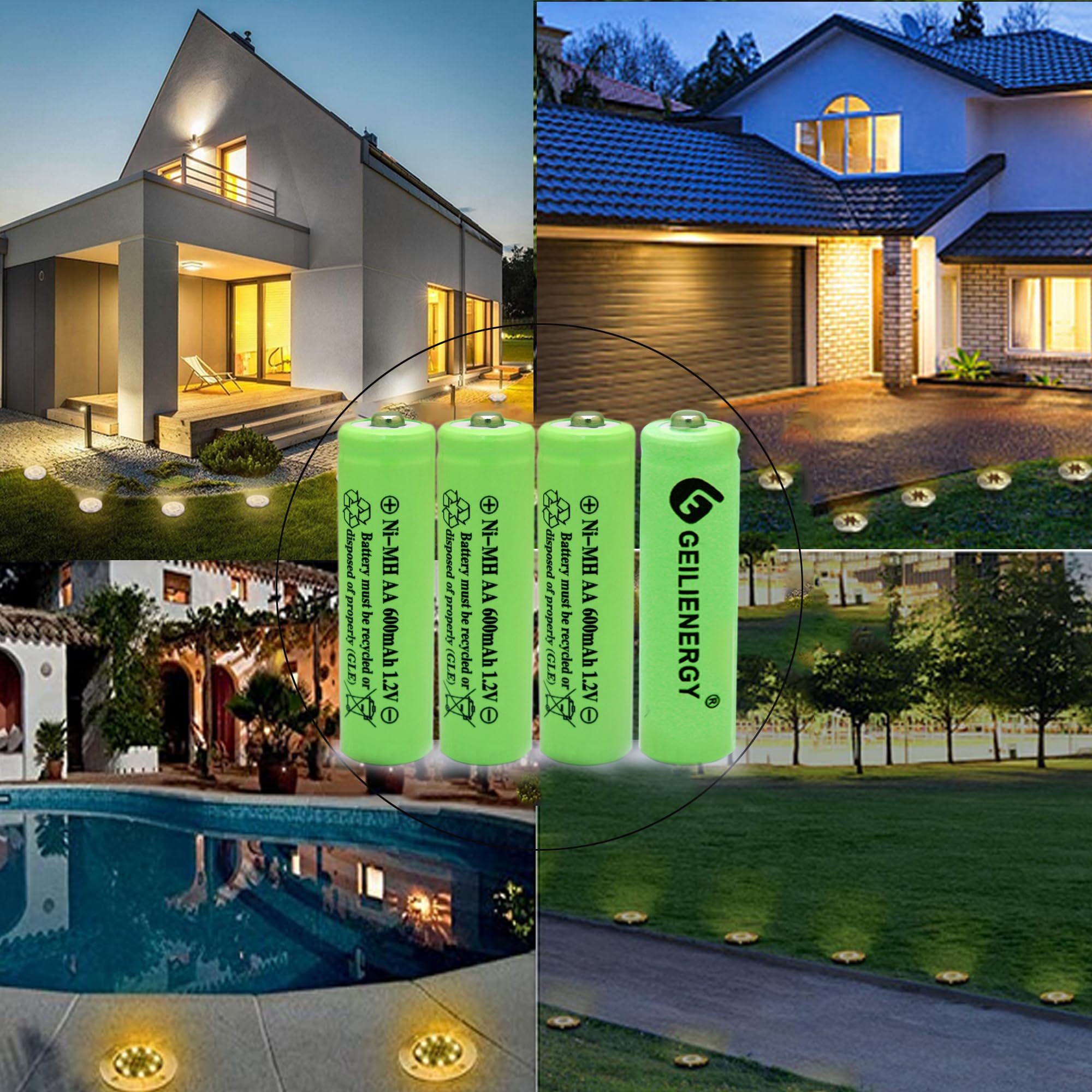 GEILIENERGY Ni-MH AA Rechargeable Batteries,Ni-MH AA 600mAh 1.2V Rechargeable Batteries for Solar Lights-12 Pack
