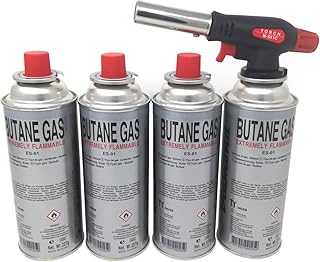 Starlet24 Bunsenbrenner Lötbrenner Gasbrenner Camping Gasanzünder Lötlampe mit Piezozündung, einstellbare Flammengröße für Gaskartuschen mit MSF-1a Anschluss (+ 4X Gaskartuschen)
