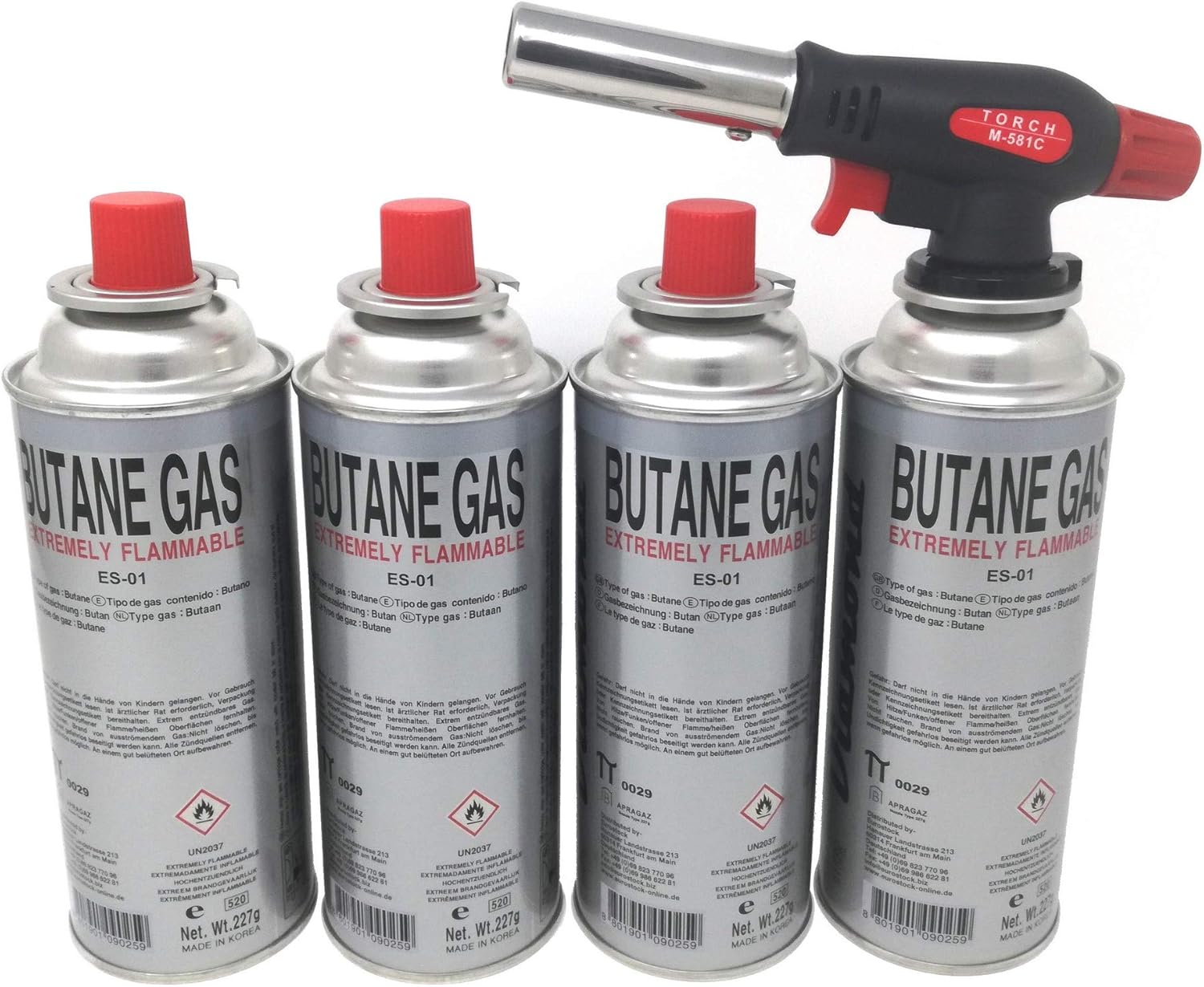 Starlet24 Bunsenbrenner Lötbrenner Gasbrenner Camping Gasanzünder Lötlampe mit Piezozündung, einstellbare Flammengröße für Gaskartuschen mit MSF-1a Anschluss (+ 4X Gaskartuschen)