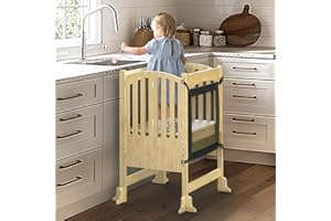 TOETOL Folding Toddler Step Stool for Kids Helper Stool, Bamboo Kids Kitchen Standing Tower Adjustable Height with Learning Black & White Activity Board