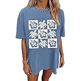 Oversized Sea Turtle Shirts for Women Hawaiian Tropical Flowers Tortoise T-Shirt Summer Beach Vacation Tee Tops