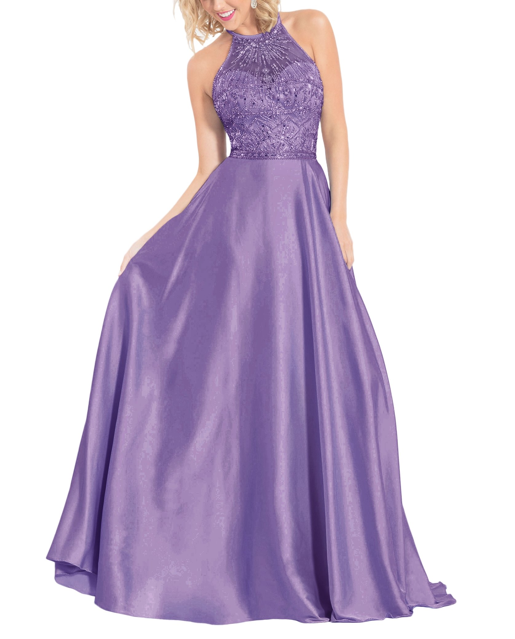 LoveMyth Women's High Halter Neckline Prom Dress Satin Beaded Pleated