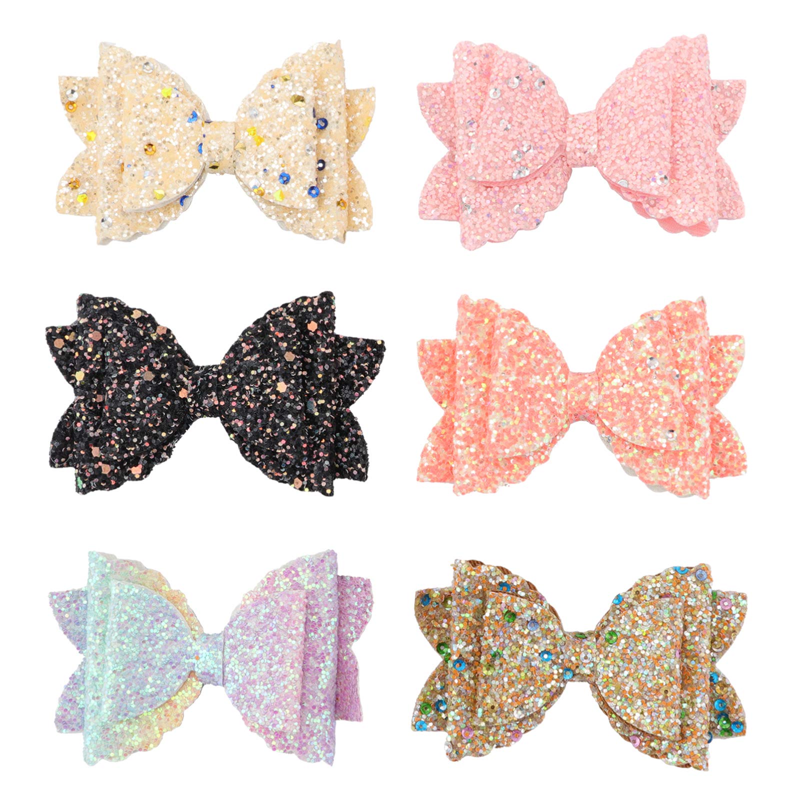 Lurrose 6pcs Glitter Bows for Hair Sparkly Sequin Hair Bows Hair Accessories for Baby Girls Crafting (Without Clip)