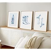 ZHFARTMY 3Pcs Blue Bow Wall Art Coquette Canvas Prints Coastal Cowgirl Boot Posters Wine Bottle Bow Pictures Preppy Aesthetic Girly Wall Decor Painting for Bedroom Dorm Living Room 16x24in Unframed