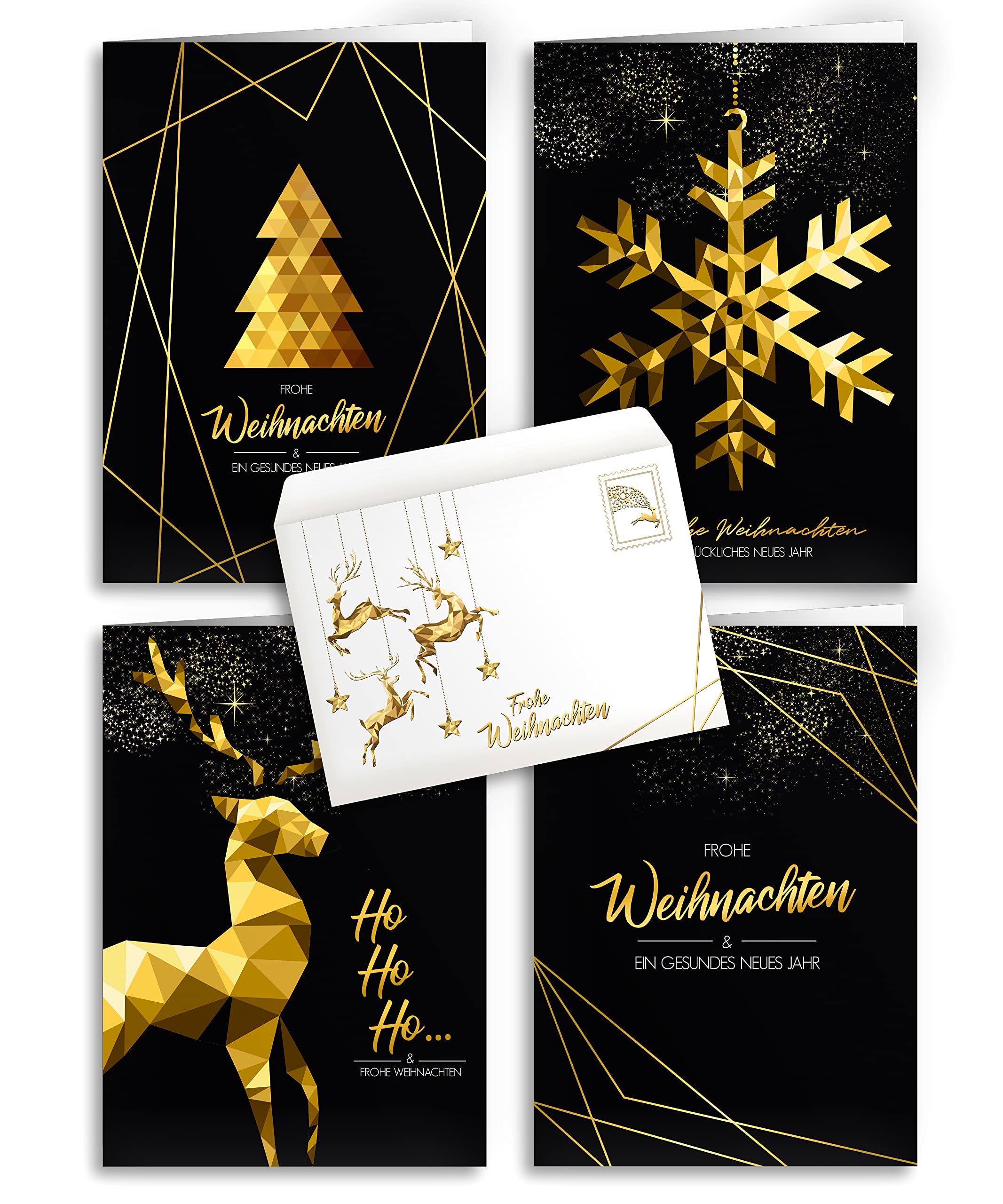 Christmas Cards with Envelopes - Pack of 20 | Modern Design - Gold | 4 Designs + Matching Envelope | For Family, Friends & Business | Elegant Christmas Card Set Folding Cards with Envelope Set