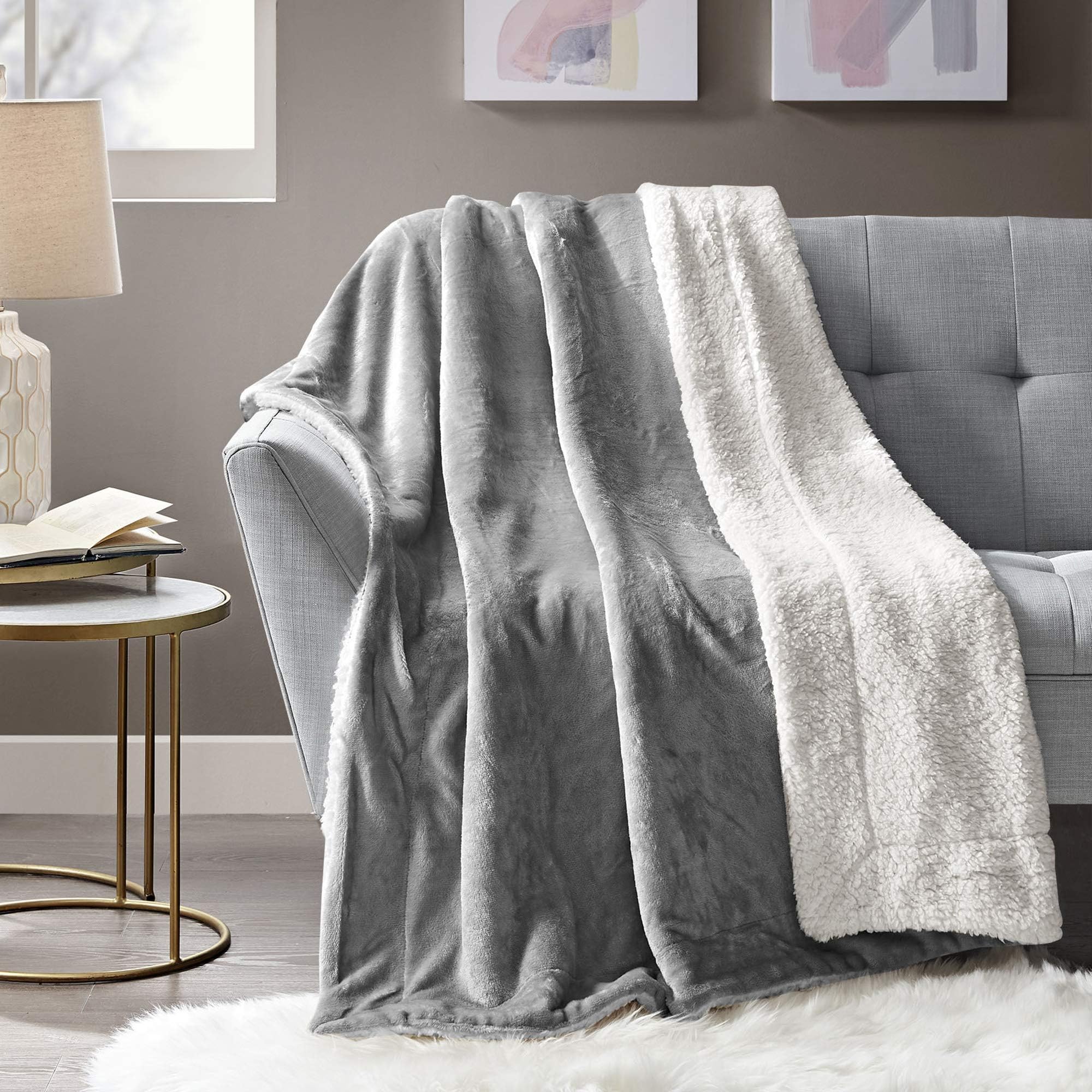 Comfort Spaces Ultra Soft and Cozy Sherpa Couch and Bed, Plush Fleece Reversible Throw-Blanket with Fuzzy Faux FurThrows, 50x60, Solid Grey