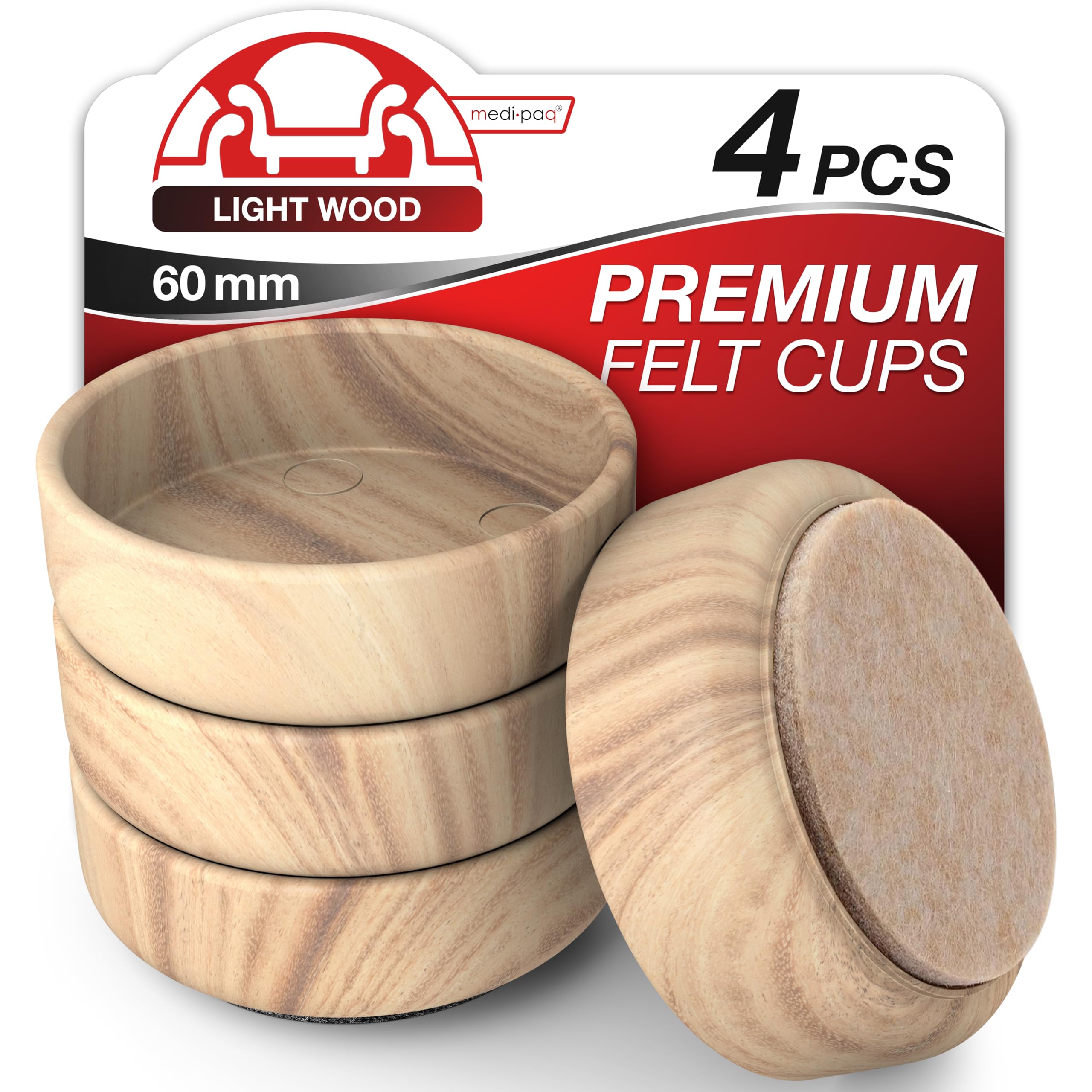 Medipaq Felt Castor Cups – 4x Large 60mm Light Wood Grain – Protects Wooden & Smooth Floors – Chair & Furniture Leg Protectors