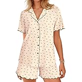 Ekouaer Button Up Pajamas Set for Women Short Sleeve Ribbed Knit Sleepwear 2 Piece Pjs Shorts Set