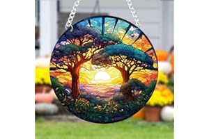 WOHAHA Forest Trees Sunset Stained Acrylic Window Hanging Panels Indoor Outdoor Round Windows Hanger Kitchen Bedroom Garden Wall Art Decor Gifts for Women Mom Grandma Teacher