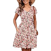 Heymoments Women Summer Dress Creamy Vintage Blossom Large Ruffle Sleeve V Neck Casual Cute Loose Sundress Comfy Swing Button Down Midi Work Flowy Tunic Ladies Beach Vacation Teacher Dresses