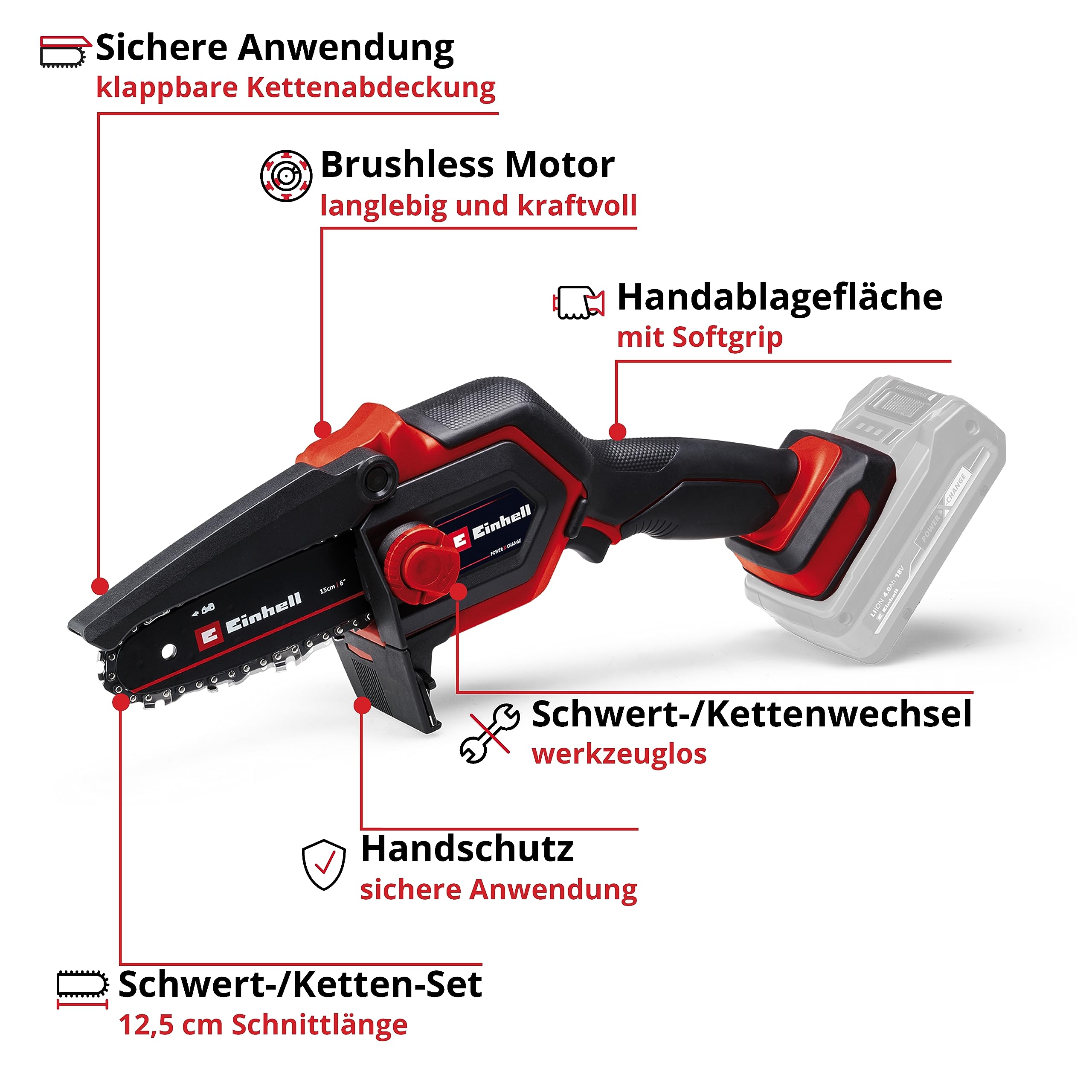 Einhell Akku-Astkettensäge GE-PS 18/15 Li BL-Solo Power X-Change (18 V, Brushless, 12,5 cm Schnittlänge, werkzeugloser Schwert- und Kettenwechsel, ohne Akku) 3