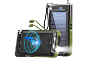 GOODaaa Solar Power Bank, 45800mAh Wireless Portable Charger Built-in Cables,15W Fast Charging Solar Charger, USB C in&Out and USB A Battery Pack for Outdoor with Radio,Flashlight