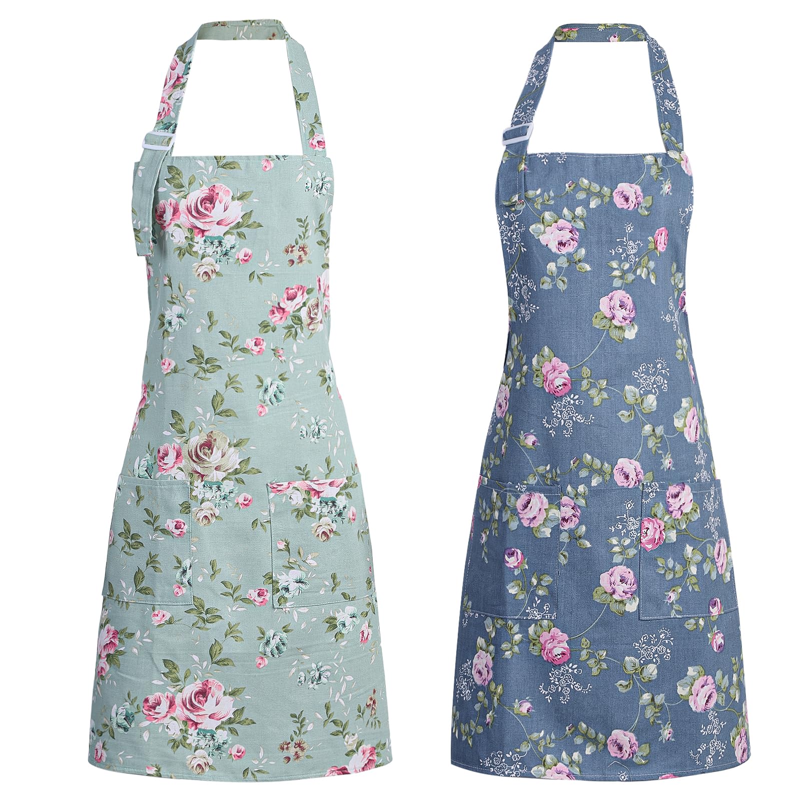 FANTESI 2 Pack Floral Aprons for Women Adjustable Canvas Aprons with 2 Big Pockets for Cooking Baking Gardening Housework