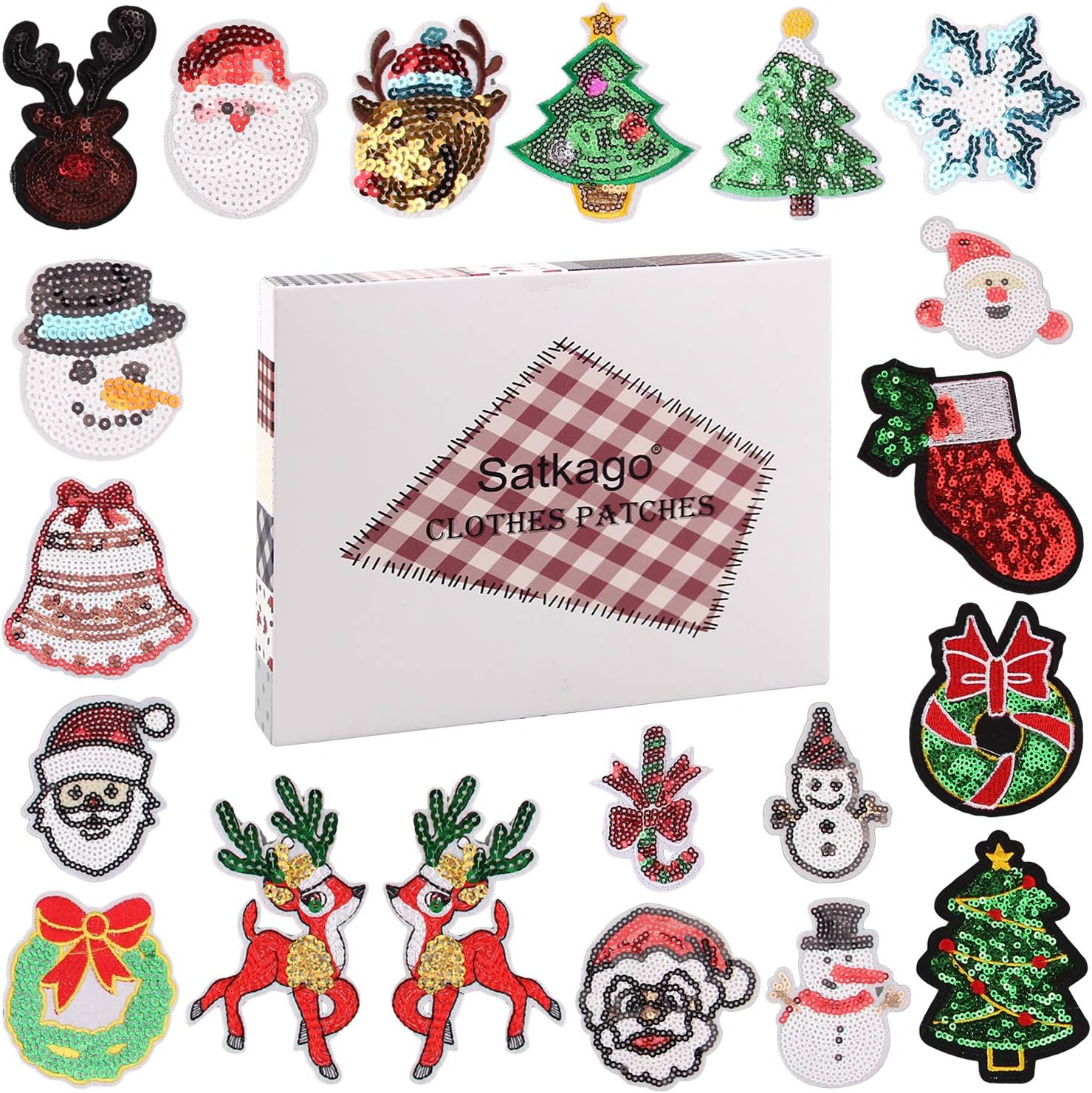 Satkago 20PCS Iron on Patches, Sequin Merry Christmas Style Embroidery DIY Patches for Jackets Backpack T-Shirt Jeans Snowman Santa Claus Xmas Christmas Party Clothes Costume Applique Accessory