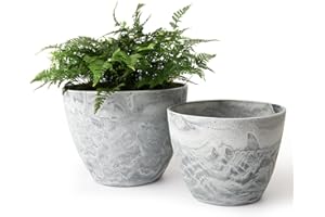 LA JOLIE MUSE Flower Pots Outdoor Garden Planters, Indoor Plant Pots with Drainage Holes, Plastic, Marble Pattern Grey, Set 2 (8.6 + 7.5 Inch)